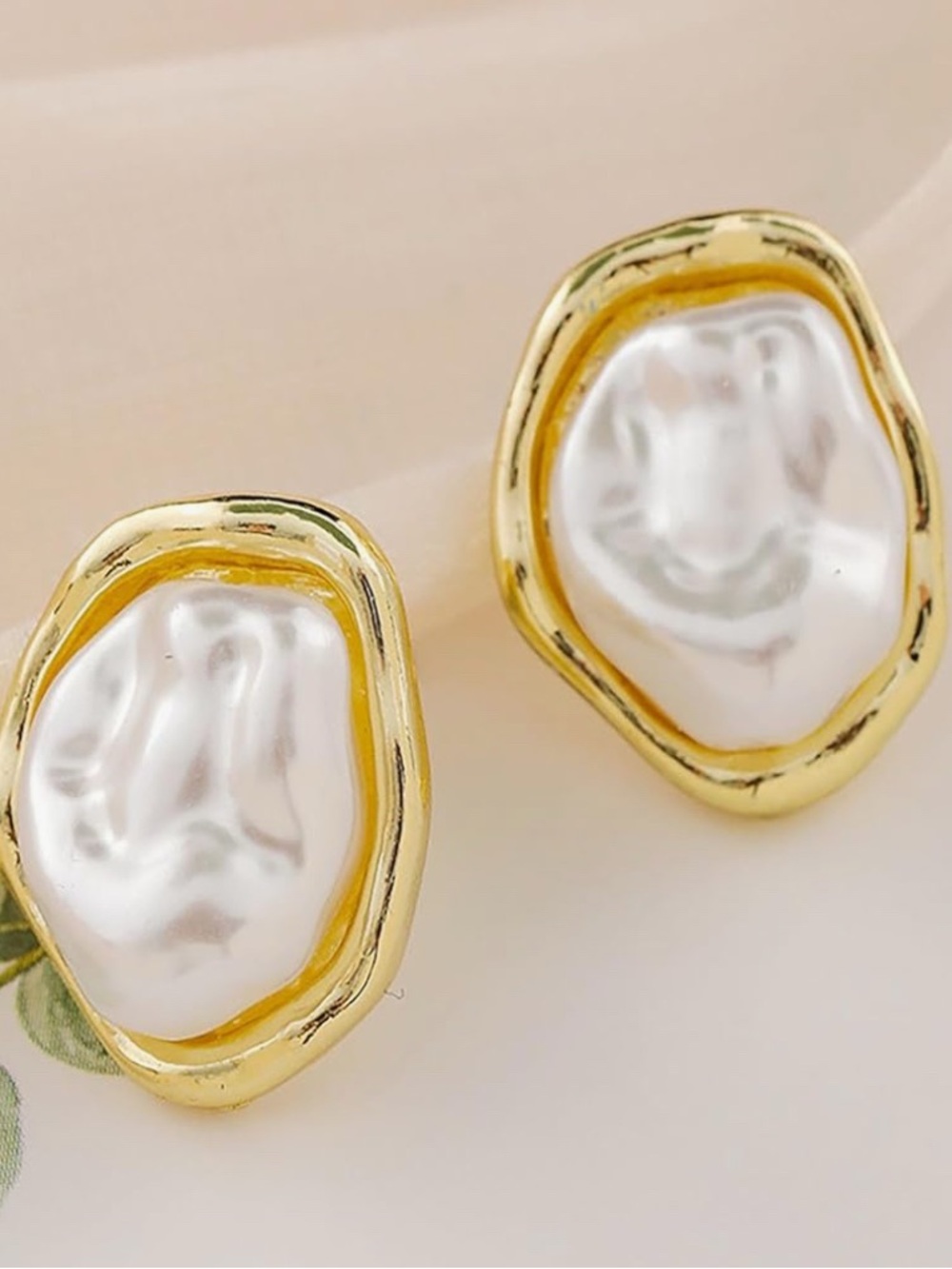 14k Gold Plated Frame Irregular White Pearl Stud Earrings - Picture 6 of 6
